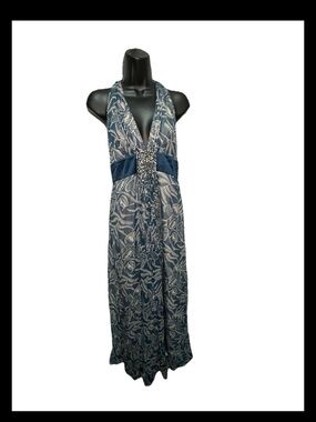 BCBGMaxAzria Navy and Cream Halter Maxi Dress with Beaded Waist